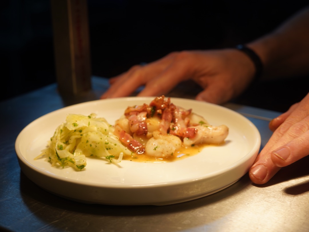 Delicious cod cheeks , smoked pancetta, shaved fennel is out of this world!